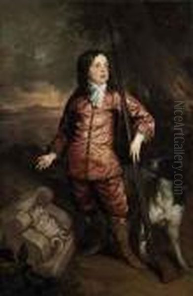 Portrait Of Richard Gibson 
(1605/1615?-1690), Full-length, In Afur-trimmed Silk Doublet And 
Pantaloons, White Stock And Boots,holding A Flint-lock Musket, With A 
Hound, In A Wooded Landscapewith Classical Ruins Oil Painting by Sir Peter Lely