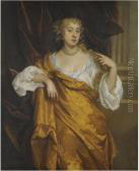 Portrait Of The Hon. Margaret Wharton, Wearing Gold Robes And Awhite Chemise Oil Painting by Sir Peter Lely