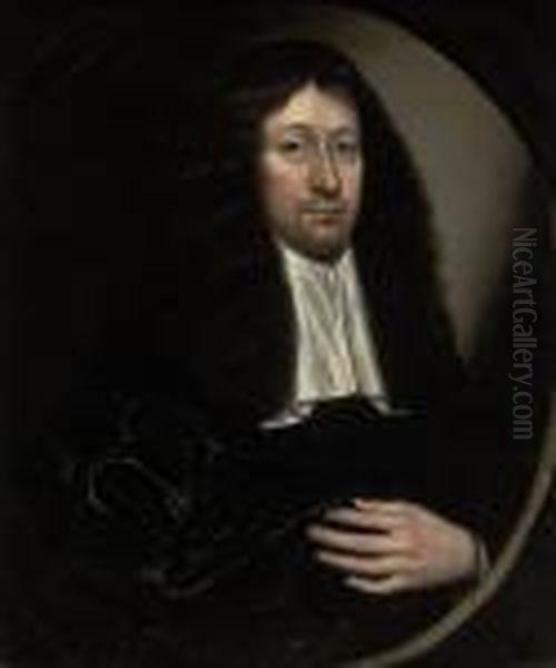 Portrait Of A Gentleman 
Traditionally Identified As Andrew Marvell (1621-1678), Bust-length, In A
 Brown Coat And White Cravat, In A Feigned Oval Oil Painting by Sir Peter Lely