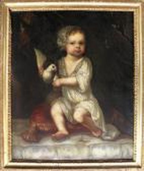 Portrait Of A Young Boy Holding A
 Dove Seated On A Cushion And Another Of A Young Boy Feeding A Parrot Oil Painting by Sir Peter Lely