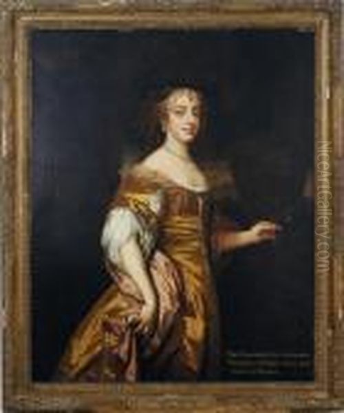 Portrait Of The Countess Of 
Northumberland, Standing Three-quarter Length, In A Gold Dress And 
Pearls, In A Landscape Oil Painting by Sir Peter Lely