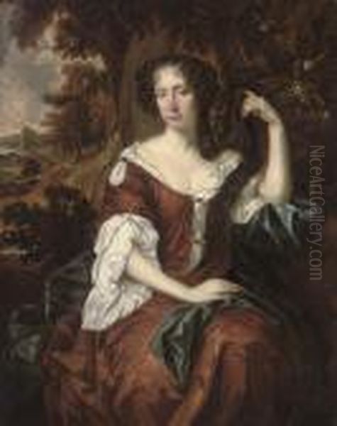 Portrait Of A Lady, 
Three-quarter-length, In A Brown Dress With A Blue Wrap, Seated In An 
Extensive Wooded Landscape Oil Painting by Sir Peter Lely