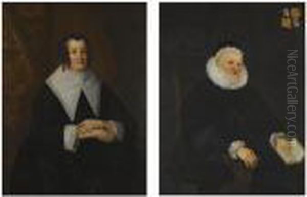 Portraits Of Sir Randolph Crewe;
 And His Wife Julia Fasey, Lady Crewe, Both Three-quarter Length, Seated
 In Black Robes Oil Painting by Sir Peter Lely