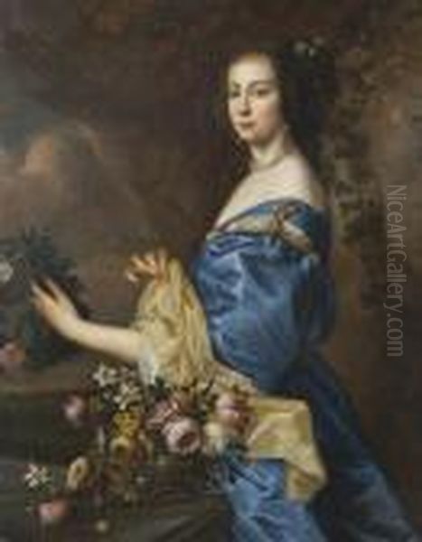 Portrait Of A Lady In Blue With Flowers Oil Painting by Sir Peter Lely