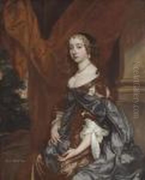 Portrait Of Lady Mary Fane, 
Seated Three-quarter-length, In A Browndress And Blue Robe, A Red 
Curtain Behind Her, A Landscapebeyond Oil Painting by Sir Peter Lely