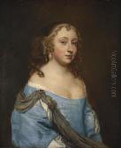 Portrait Of A Lady, Half-length, In A Blue Dress And Pearlearrings Oil Painting by Sir Peter Lely