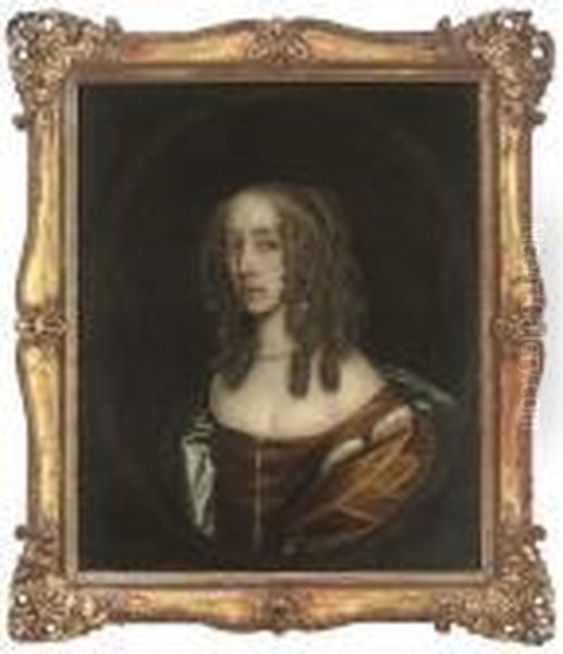 Portrait Of A Lady, Half-length, In A Brown Dress With A Blue Wrap,in A Feigned Oval Oil Painting by Sir Peter Lely