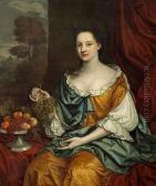 A Portrait Of A Lady In A Gold Dress With Ablue Drape, Seated, Holding Grapes Oil Painting by Sir Peter Lely