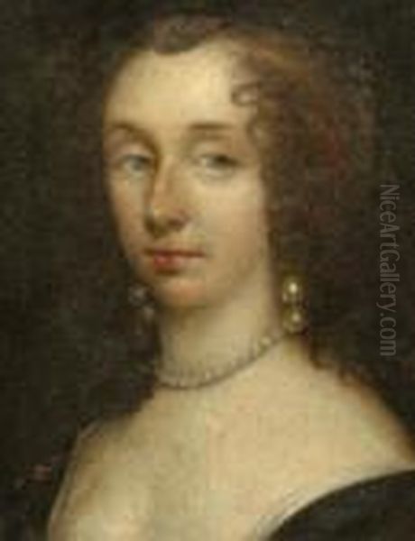 Portrait Of A Young Woman, Head And Shoulders,wearing Pearl Earnings And Necklace Oil Painting by Sir Peter Lely