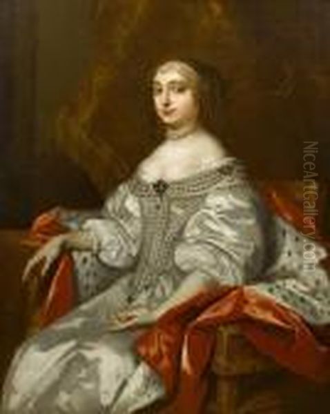 Portrait Of Anne Hyde, Duchess 
Of York, Threequarter Length, Wearing A White Dress And Ermine-lined 
Cape, Seatedbeside A Curtain Oil Painting by Sir Peter Lely