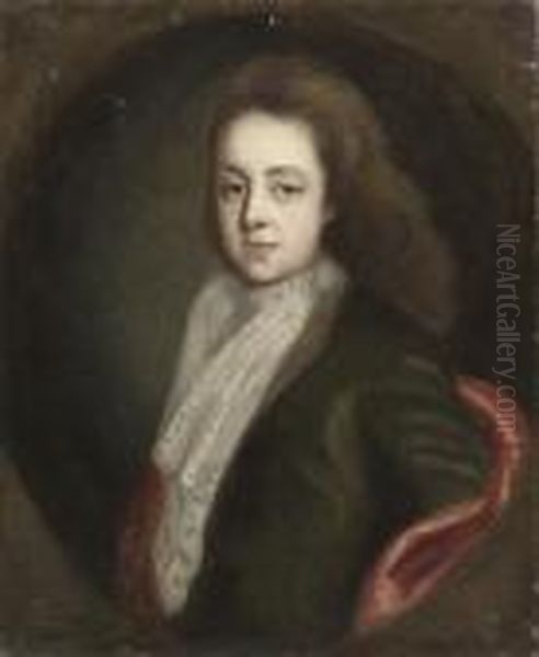 Portrait Of A Boy, Half-length, 
In A Green Coat And Lace Cravat,with A Red Wrap, In A Feigned Oval Oil Painting by Sir Peter Lely