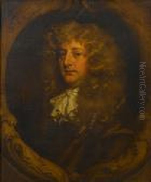 Portrait Of A Gentleman, 
Bust-length, In Arusset Coat With A White Jabot, Within A Stone 
Cartouche Oil Painting by Sir Peter Lely