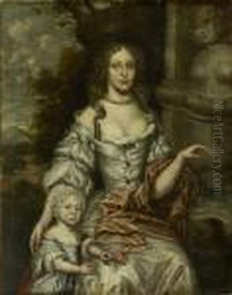 Portrait Of A Noble Lady And Her Son In Parkland Oil Painting by Sir Peter Lely