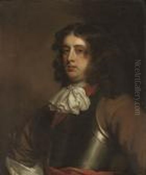 Portrait Of Sir Francis Popham 
Of Littlecote, Half-length, In A Buff Coat And Armoured Breastplate With
 Red Sash Oil Painting by Sir Peter Lely