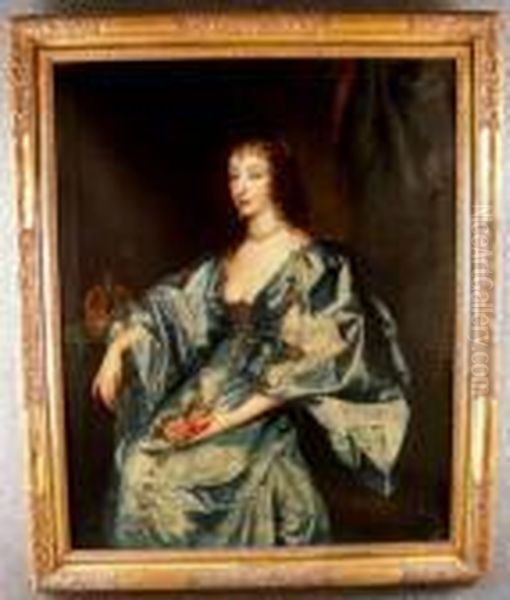 ''ritrattodella Regina Henrietta
 Maria, Seduta, Vista Da Tre Quarti, In Vestedi Velluto Blu Rifinito Con
 Importanti Gioielli, A Fianco Unacorona E In Mano Bouquet Di Fiori'' Oil Painting by Sir Peter Lely