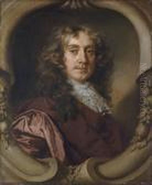 Portrait Of A Gentleman, 
Half-length, In A Brown Coat And Mechlin Lace Cravat, In A Sculpted 
Cartouche Oil Painting by Sir Peter Lely