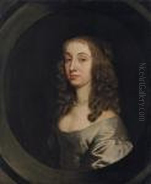 Portrait Of Lady, Traditionally 
Identified As Jane, Wife Of Sir Nicholas Pelham, Bust-length, In A Grey 
Dress And Pearls, In A Sculpted Cartouche Oil Painting by Sir Peter Lely