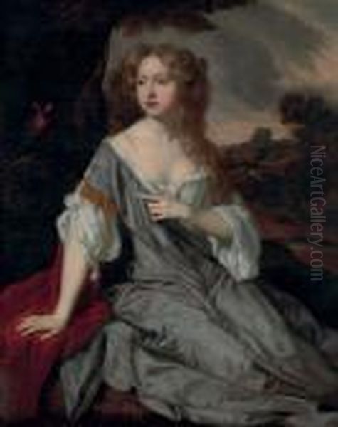 Portrait Of A Lady, Identified 
As Mrs. Lucy Loftus, Three-quarter-length, In A Blue Silk Dress, A 
Landscape Beyond Oil Painting by Sir Peter Lely