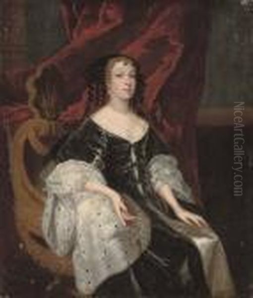 Portrait Of A Lady, 
Three-quarter-length, Seated In A Black Dress And Ermine Cloak, A Red 
Curtain Beyond Oil Painting by Sir Peter Lely