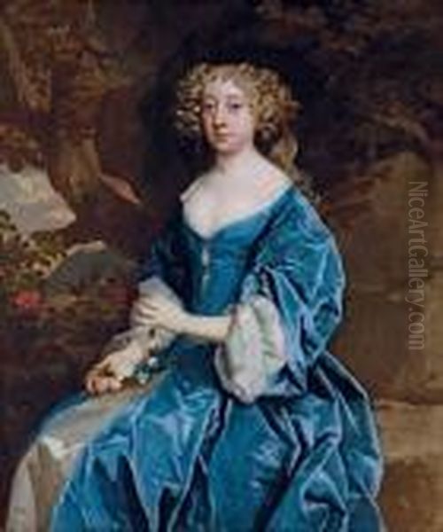 Portrait Of A Lady, 
Three-quarter-length, In A Blue Gown, Holding A Daisy Chain, In A 
Landscape Oil Painting by Sir Peter Lely