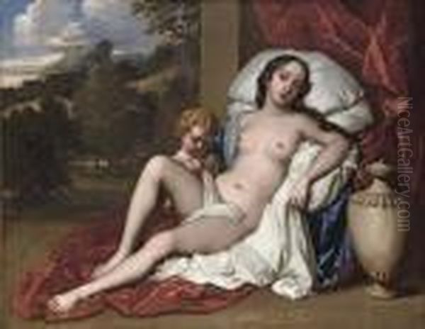 Portrait Of A Young Woman And 
Child, As Venus And Cupid, The Young Woman Almost Certainly Either 
Barbara Villiers, Countess Of Castlemaine, And Duchess Of Cleveland 
(1640-1709), Or Nell Gwyn (1650-1687), Full-length, Naked, Beside An 
Urn, A Landsc Oil Painting by Sir Peter Lely