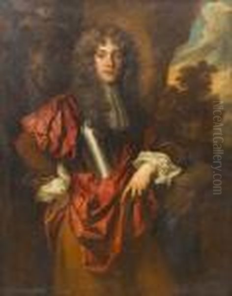 Portrait Of A Gentleman, 
Three-quarter-length, In A Breastplate With A White Lace Jabot And A Red
 Wrap, A Landscape Beyond Oil Painting by Sir Peter Lely