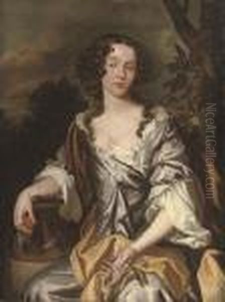 Portrait Of A Lady, Seated, 
Three-quarter-length, In An Oyster Satin Dress And Yellow Mantle, A 
Sprig Of Orange Blossom In Her Left Hand And An Orange In Her Right, By 
An Urn, In A Landscape Oil Painting by Sir Peter Lely