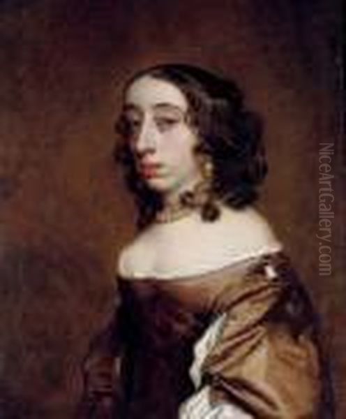 Portrait Of A Lady, Bust-length, In A Brown Dress With White Trim Oil Painting by Sir Peter Lely