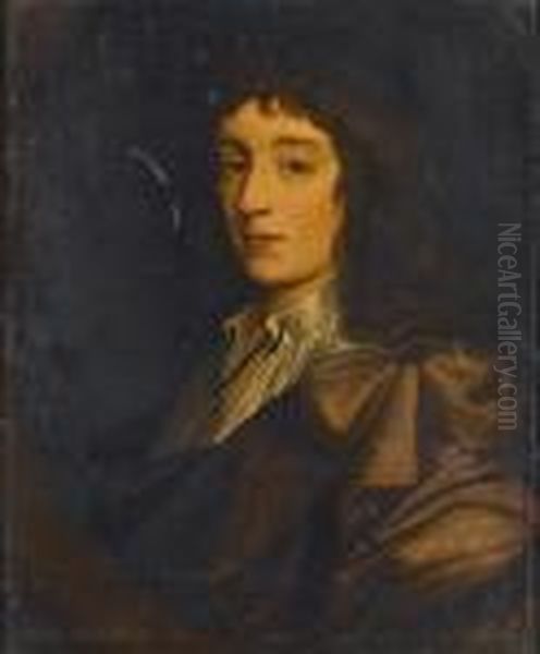 Portrait Of A Young Man 
Bust-length, In A Brown Wrap With A White Shirt, In A Painted Oval Oil Painting by Sir Peter Lely