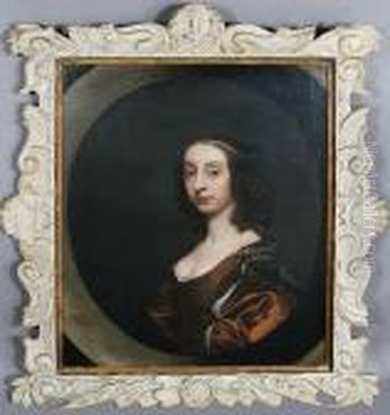 Portrait Of A Lady, Bust-length, In A Brown Dress And Grey Wrap, In A Painted Oval Oil Painting by Sir Peter Lely