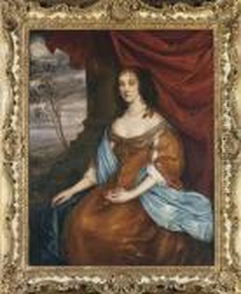 Portrait Of A Lady, Seated 
Three-quarter-length, In A Gold Dresswith A Blue Shawl, Before A Red 
Drape, In A Landscape Oil Painting by Sir Peter Lely