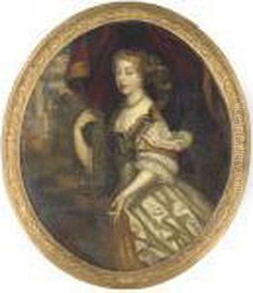 Portrait Of A Lady, 
Three-quarter Length, In A White Silk Dress Andpearls, With A Red 
Curtain And Garden Beyond Oil Painting by Sir Peter Lely