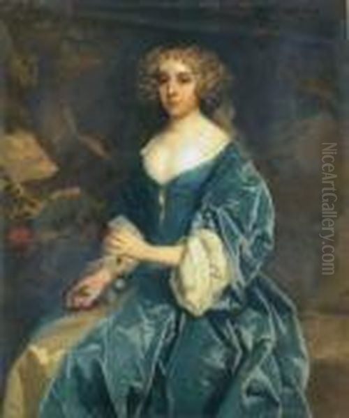 Woman In A Landscape Holding A Floral Necklace Oil Painting by Sir Peter Lely