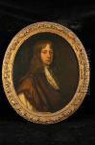 A Portrait Of William Levinz As A
 Boy Having Long Auburn Hair, A Lace Jabot And Brown Cloak Oil Painting by Sir Peter Lely