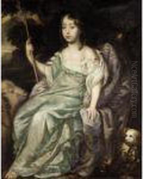 Portrait Of A Girl Holding An Houette, Sheep And A Small Dog Beside Oil Painting by Sir Peter Lely