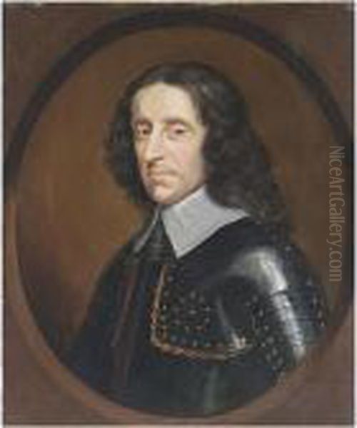 Of Sir Peter Lely A Portrait Of A
 Gentleman, Bust Length, Wearing Armour, In A Painted Oval Oil Painting by Sir Peter Lely