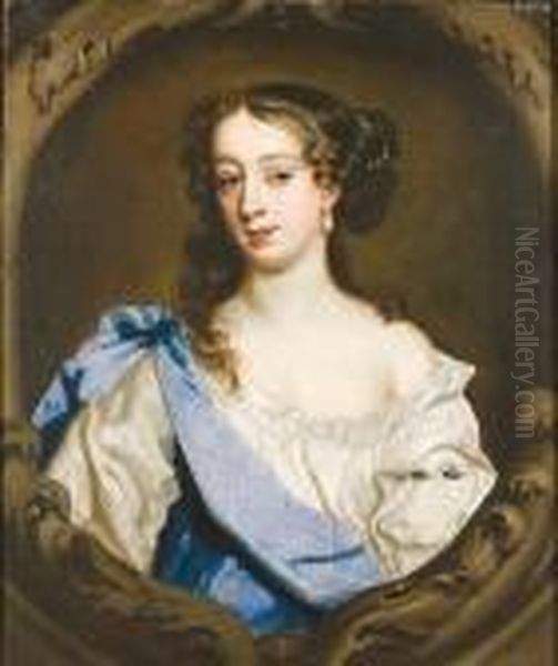 Portrait Of Barbara Villiers, 
Duchess Of Cleveland, Half-length, In A White Chemise And A Blue Wrap, 
In A Painted Cartouche Oil Painting by Sir Peter Lely