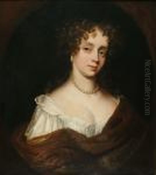 Portrait, Bust Length, Of A Lady Wearing A Pearl Necklace And Earrings Oil Painting by Sir Peter Lely