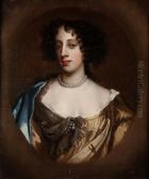 Portrait Of Barbara Villiers, 
Lady Castlemaine And Duchess Of Cleveland, Bust-length, In A Brown Silk 
Dress With A Blue Silk Shawl, In A Painted Oval Oil Painting by Sir Peter Lely