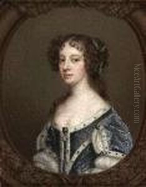 Half Length Portrait Of A Lady In A Blue Dress Trimmed Withermine Oil Painting by Sir Peter Lely