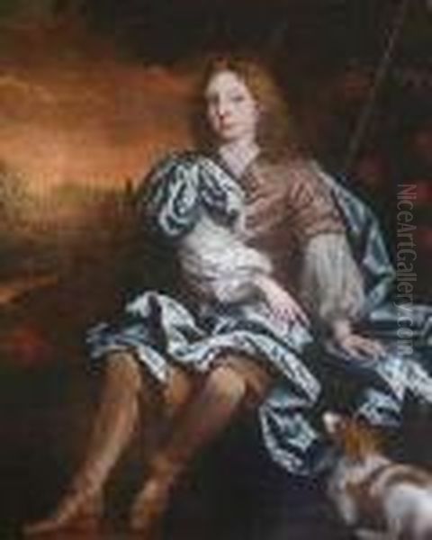 Full Length Of A Young Man With A Pet Spaniel Oil Painting by Sir Peter Lely