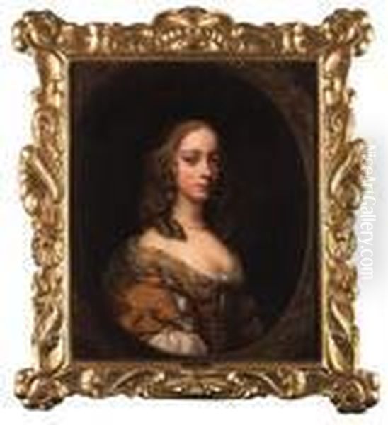 Portrait Of A Lady, Half-length, In An Ochre Dress With A Pearlnecklace, Feigned Oval Oil Painting by Sir Peter Lely