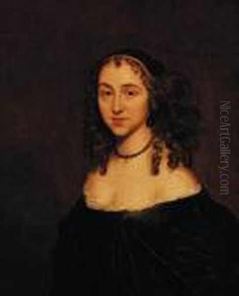 Portrait Of A Young Lady, Half-length, In A Black Dress And A Pearlchoker Oil Painting by Sir Peter Lely