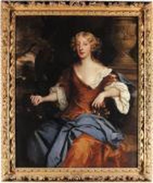 Portrait Of Ann, Lady Hales, 
Three-quarter-length, Seated, In Anochre Dress With A Blue Wrap, Holding
 A Small Garland Of Flowers Inher Left Hand And A Sprig Of Blossom In 
Her Right, Beside Aclassical Urn In A Wooded Landscape Oil Painting by Sir Peter Lely