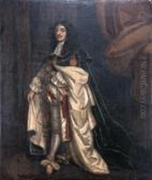 Portrait Of King Charles Ii, Small Full-length, In Garterrobes Oil Painting by Sir Peter Lely