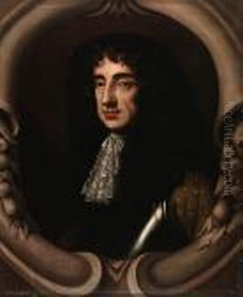 Portrait Of King Charles Ii, Bust-length, Wearing A Breastplate,sculpted Cartouche Oil Painting by Sir Peter Lely