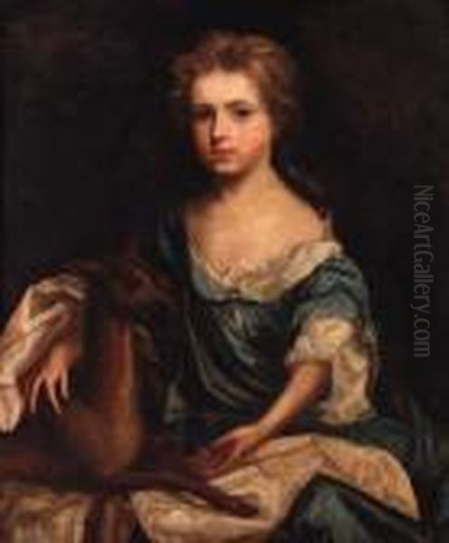 Portrait Of A Young Lady, Seated
 Three-quarter-length, In A Bluedress, With A Deer By Her Side Oil Painting by Sir Peter Lely