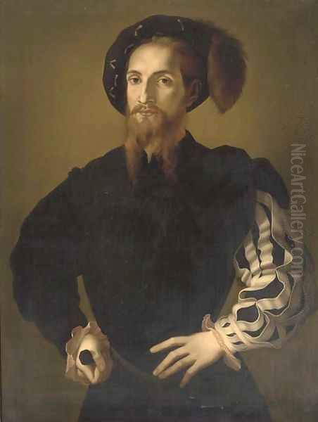 Portrait of a gentleman, half-length, in a plummed hat, a sword in his right hand Oil Painting by (Jacopo Carucci) Pontormo