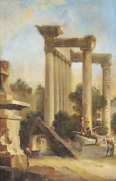 Soldiers conversing amongst classical ruins Oil Painting by Giovanni Paolo Pannini