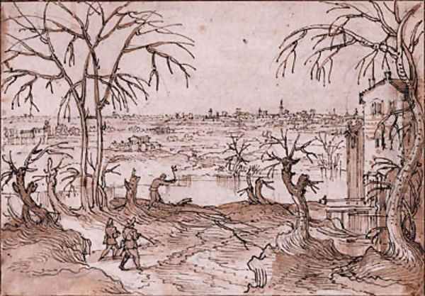 A Winter Landscape with Travellers and a Man chopping Wood by a River, a city beyond Oil Painting by Lodovico Pozzoserrato (see Toeput, Lodewijk)